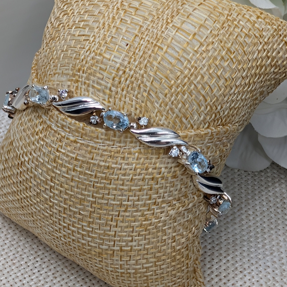 925 Sterling Silver Blue Topaz & CZ Link Bracelet 8” | Twisted Leaf Design - Picture 10 of 16